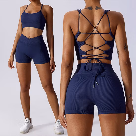 도매 OEM/ODM 여성 2 조각 레깅스 + 브래지어 의류 의류 리브 요가 세트 체육관 운동 피트니스 활성 스포츠 세트